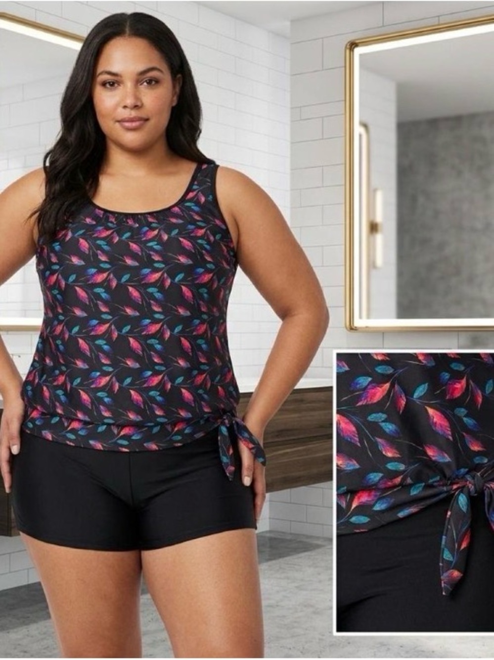 Plus-Size Black Tankini Top and Bottom with Pink & Blue Leaf Print